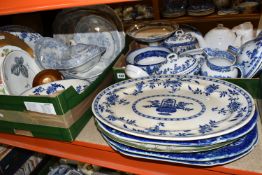 TWO BOXES AND LOOSE CERAMICS, to include a collection of blue and white dinner wares including
