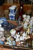 TWO BOXES OF CERAMICS AND ORNAMENTS, to include two Oriental design blue and white four sided vases,