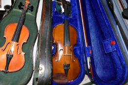 THREE CASED VIOLINS, to include a 1/8 sized violin with bow, having three piece back and Russian