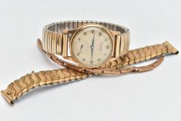 A 9CT GOLD WRISTWATCH, an AF hand wound movement, round dial signed 'Rone', Arabic numerals,