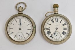 TWO OPEN FACE 'ELGIN' POCKET WATCHES, both manual wind, round white dials with Roman numerals,