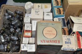 A BOX OF THERMIONIC VACUUM TUBES (VALVES), boxed and unboxed valves including Ozram, Marconi, Mazda,