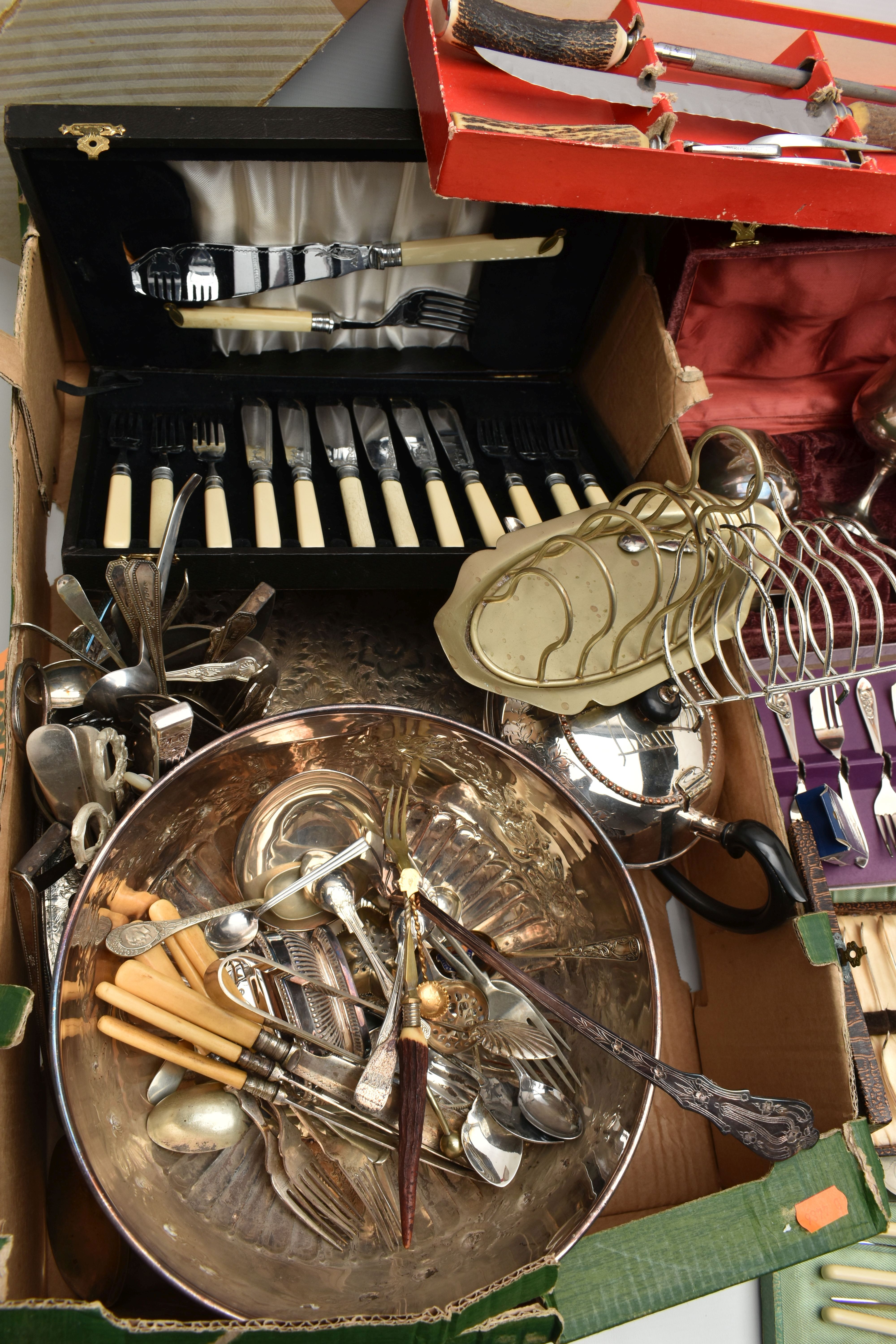 A BOX OF ASSORTED WHITE METAL WARE, to include a punch bowl with ladle, large oval tray, teapot, - Image 5 of 6