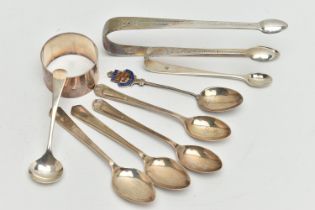 A SELECTION OF SILVER, to include a pair of bright cut Georgian sugar tongs, engraved initials to