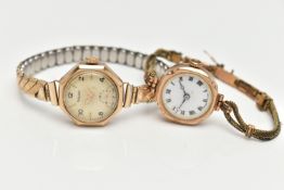 TWO 9CT GOLD LADYS WRISTWATCHES, the first a manual wind 'Rotary', round discoloured dial,