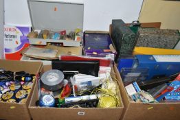 SIX BOXES AND LOOSE SEWING MACHINE, STATIONERY, TOOLS AND HARDWARE, to include a cased Singer sewing
