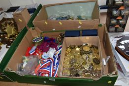 FOUR BOXES OF NEW AND UNUSED TROPIES, PLAQUES, MEDALLIONS AND RIBBONS, to include a quantity of