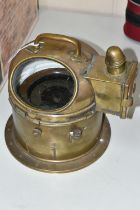 A BRASS SHIPS BINNACLE WITH COMPASS AND INTEGRAL PARAFFIN/OIL BURNER/LAMP, Binnacle with plaque