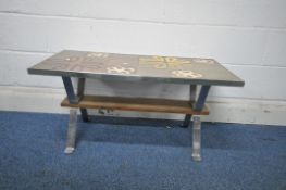 A MID CENTURY TILE TOP COFFEE TABLE, in the manner of Juliette Belarti, the top decorated with