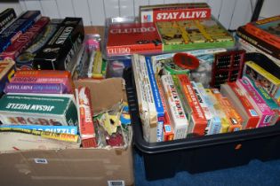 SIX BOXES OF GAMES AND PUZZLES, games to include Advanced Hero Quest, Blockbuster, Connect 4, Spotty