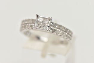 A 9CT WHITE GOLD DIAMOND RING, four princess cut diamonds in an invisible setting leading on to