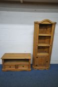 TWO PIECES OF CORONA PINE FURNITURE, to include a corner cupboard, with two shelves above a single
