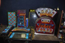A SELECTION OF FRUIT MACHINE FRONT PANELS including a Jackpot Joker head unit by Project Coin