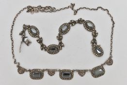 A SILVER BRACELET AND NECKLACE, the bracelet comprised of five oval links, interspaced between