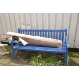 A MODERN PAINTED WOODEN SLATTED GARDEN BENCH width 152cm and a Wyevale parasol (unchecked) Condition