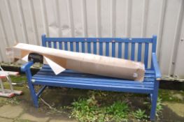 A MODERN PAINTED WOODEN SLATTED GARDEN BENCH width 152cm and a Wyevale parasol (unchecked) Condition