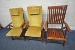 A SET OF THREE WINCHESTER COLLECTION TEAK GARDEN CHAIRS, two with yellow/green cushions (condition