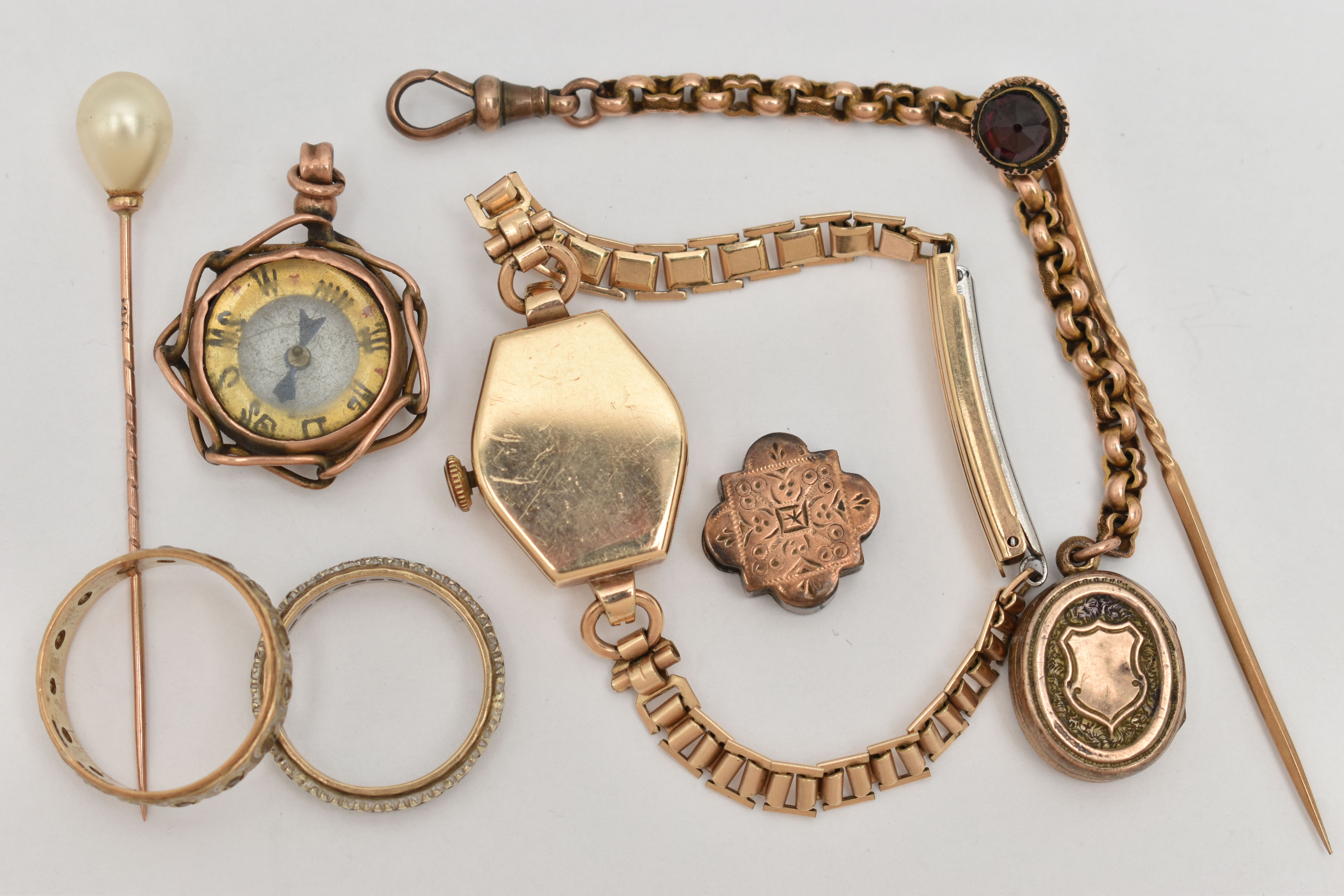 A SELECTION OF VINTAGE JEWELLERY, to include two stickpins, one stamped 9ct, a compass pendant, a - Image 3 of 3