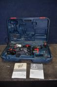 A BOSCH CASED SDS AND DRILL SET with a GBH-24VF 24v SDS drill and a GSB-18VE2 drill, two batteries