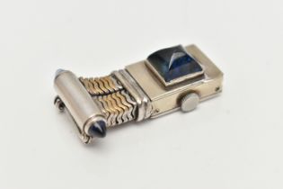 A LADYS ART DECO FOB WATCH, manual wind, rectangular form, with hinged cover set with a large blue