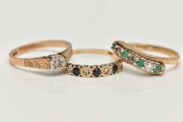 THREE GEM SET RINGS, the first a sapphire and diamond half eternity ring, hallmarked 9ct London,