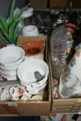 THREE BOXES OF KITCHEN EQUIPMENT, CERAMICS AND GLASSWARE, including a set of St. Morritz stainless