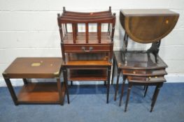 A SELECTION OF MAHOGANY OCCASIONAL FURNITURE, to include a campaign style two tier table, another