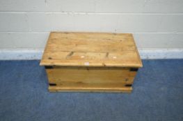 A 19TH AND LATER PINE BLANKET CHEST, with metal banding to the corners, width 85cm x depth 47cm x
