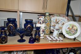 A COLLECTION OF CERAMICS AND BOHEMIAN GLASSWARE, comprising a pair of blue Bohemian glass vases, two