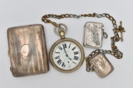 A SILVER CIGARETTE CASE, TWO VESTA CASES AND A POCKET WATCH, the rectangular engine turned pattern