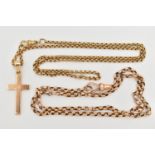 TWO CHAINS AND A CROSS PENDANT, both belcher link chains with lobster claw clasps, one suspending