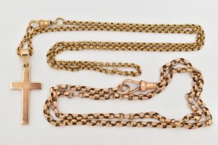 TWO CHAINS AND A CROSS PENDANT, both belcher link chains with lobster claw clasps, one suspending