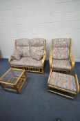 A WICKER FOUR PIECE CONSERVATORY SUITE, comprising a two seater sofa, length 131cm x depth 93cm x