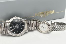 TWO WRISTWATCHES, the first a boxed a ladys quartz movement, round white dial, signed Longines,