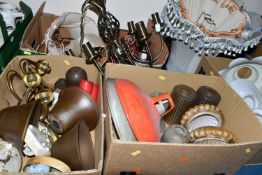 FOUR BOXES OF VINTAGE CEILING LIGHT FITTINGS, to include mid-century glass shades, fabric shades,