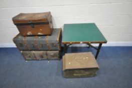 TWO CANVASS AND WOODEN BANDED TRAVELING TRUNKS, a domed metal tin trunk, a beaten brass box and a