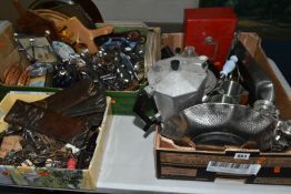 FOUR BOXES OF METALWARES, KEYS, KITCHEN SUNDRIES, ETC, including a box of assorted vintage and