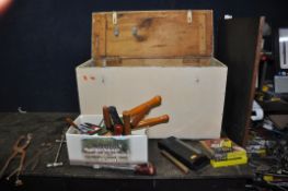 A BESPOKE WOODEN TOOLCHEST CONTAINING TOOLS including a Boss shoe stretcher, two veterinary tools,