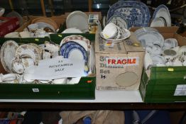 FIVE BOXES AND LOOSE CERAMICS AND GLASSWARE, including assorted kitchen crockery, Willow pattern