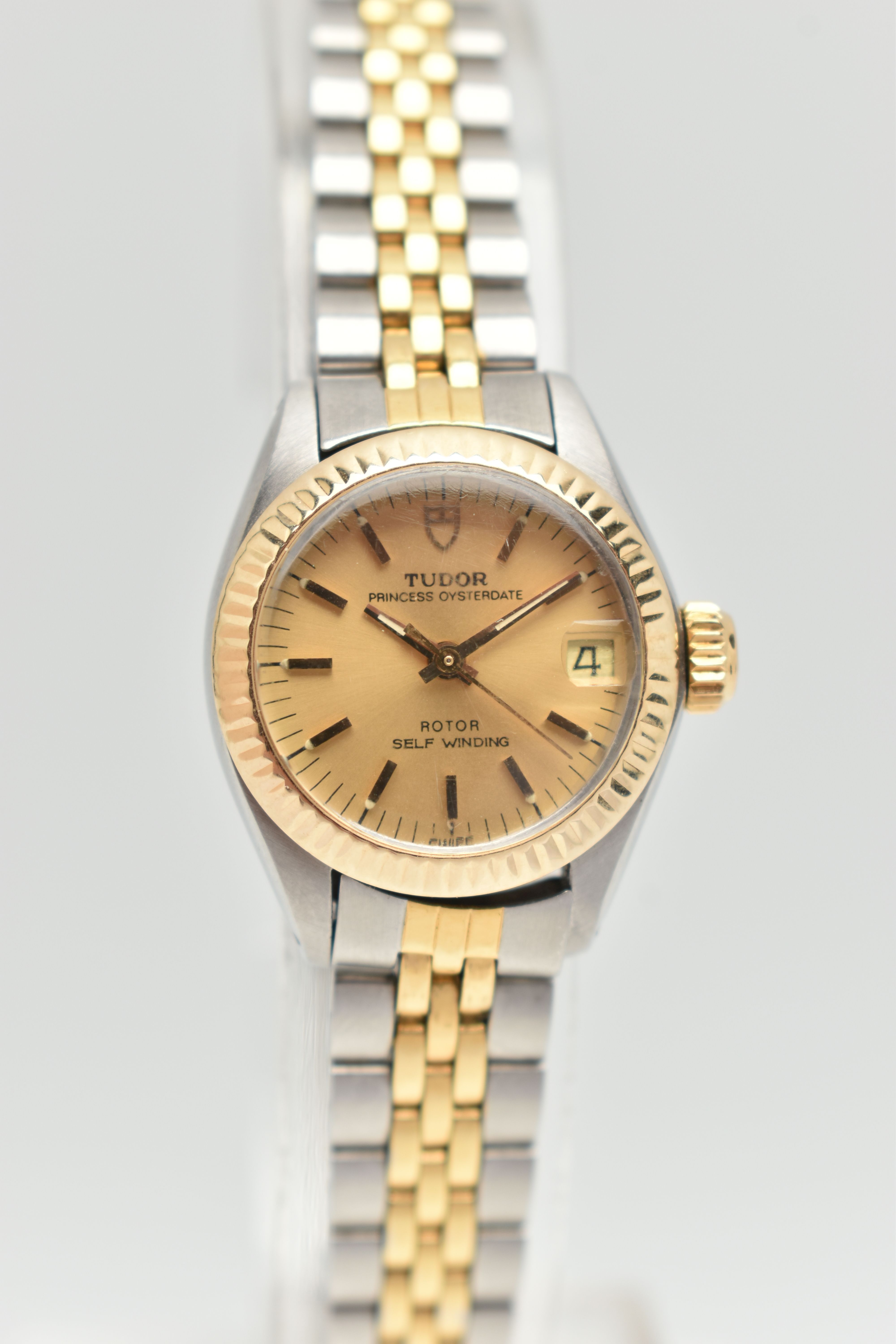 A LADYS 'TUDOR' WRISTWATCH, round gold dial signed 'Tudor Princess Oyster date, Rotor Self Winding',