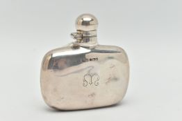 A SILVER HIP FLASK, polished form with engraved initial M, fitted with a domed twist to open