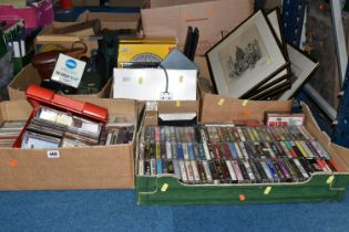 FIVE BOXES OF TAPE CASSETTES, FRAMED PRINTS AND VINTAGE CAMERAS, to include a Kodak Coloursnap 35