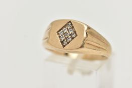 A 9CT GOLD DIAMOND SIGNET RING, nine round brilliant cut diamonds pave set in a rectangular form