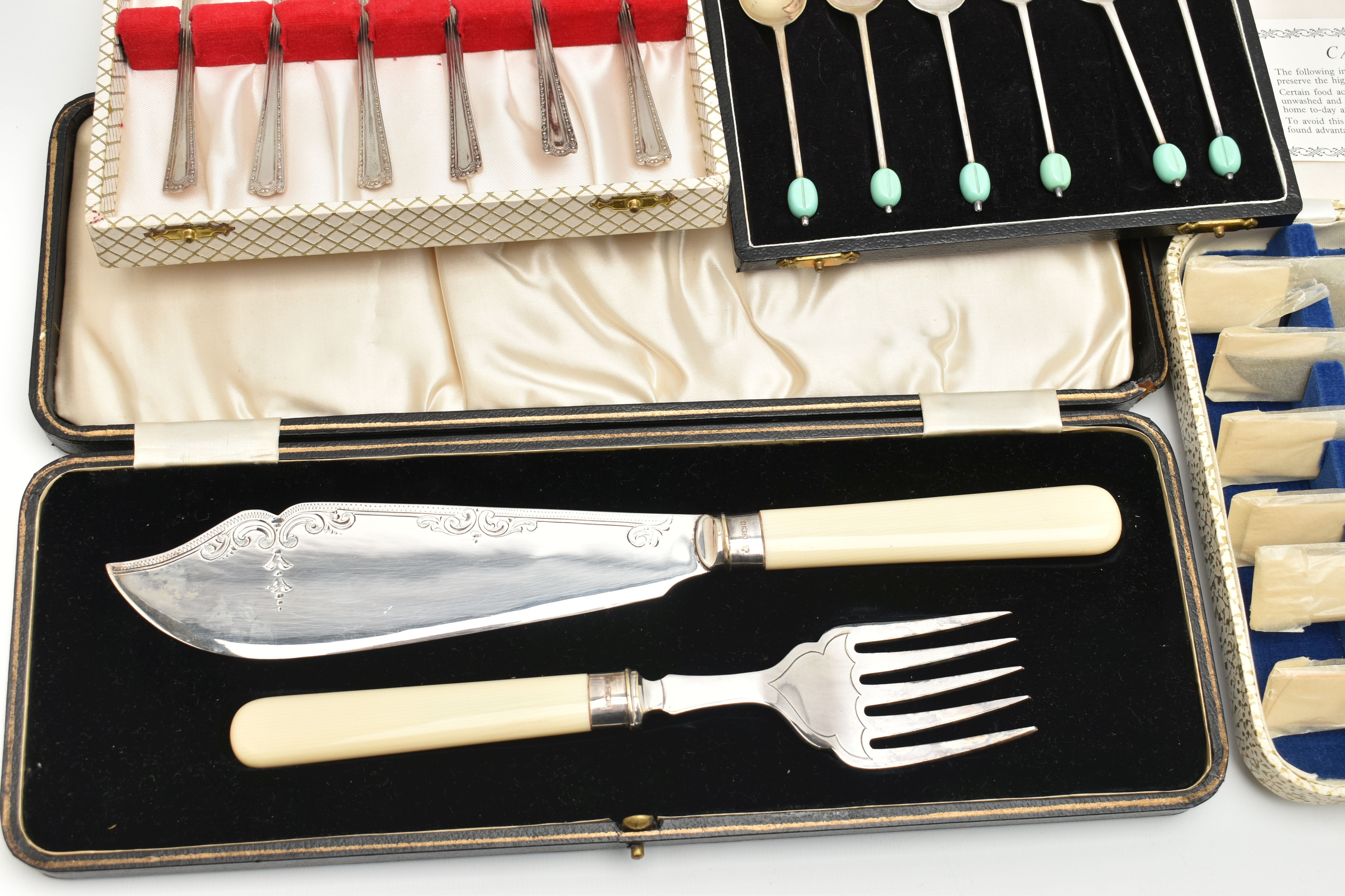 A SELECTION OF MAINLY CUTLERY, to include a cased silver fish knife and fork server set, hallmark - Image 3 of 6