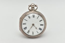 A SILVER POCKET WATCH WITH A SILVER PARING CASE, key wound movement, round white dial, Roman