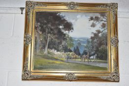 FRANK DUFFIELD ( 1901-1982) A LANDSCAPE WITH FIGURES ON HORSEBACK, signed and dated (19)73 bottom