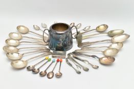 A SELECTION OF MAINLY EPNS, to include three pairs of sugar tongs, a set of five coffee spoons