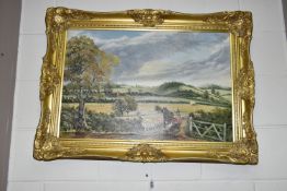 A SMALL QUANTITY OF PAINTINGS AND PRINTS, to include a D.M. Jones landscape with farmer and heavy