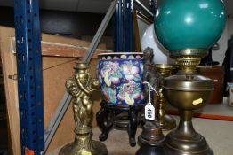 A GROUP OF OIL LAMPS, FIGURES AND ORIENTAL JARDINIERE, comprising an Oriental planter on a