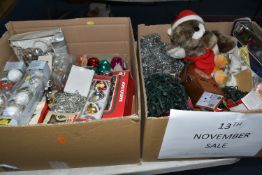 TWO BOXES OF CHRISTMAS DECORATIONS, including baubles, lights and soft toys (2 boxes)